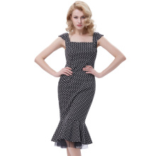 Belle Poque Retro Vintage Polka Dots Pattern Cap Sleeve Square Neck Hips-Wrapped Wiggle Bodycon Mermaid Dress BP000376-1